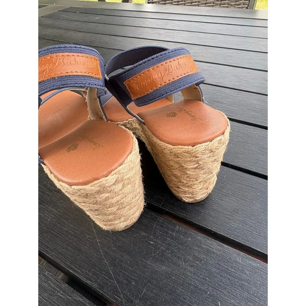 Tommy Bahama Navy Sakura Espadrille Wedge Sandals Size 7 Peep Toe Sling Back